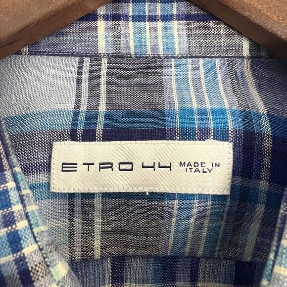 ETRO Button Down Dress Shirt  Vibrant Blue Plaid Check 100% Linen Men’s Size XL - Picture 7 of 9